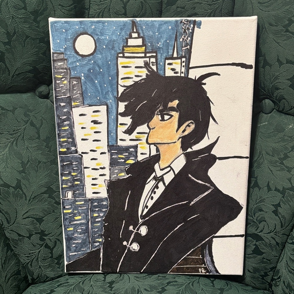 Hand-Painted Urban Nightscape Canvas Art in Black and Blue